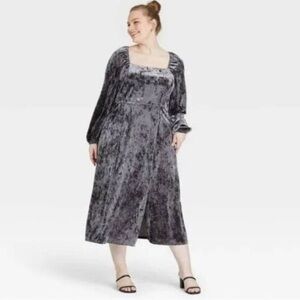 Ava & Viv 1X Gray Crushed Velvet Midi Square Neck Long Sleeve Tie Back Dress